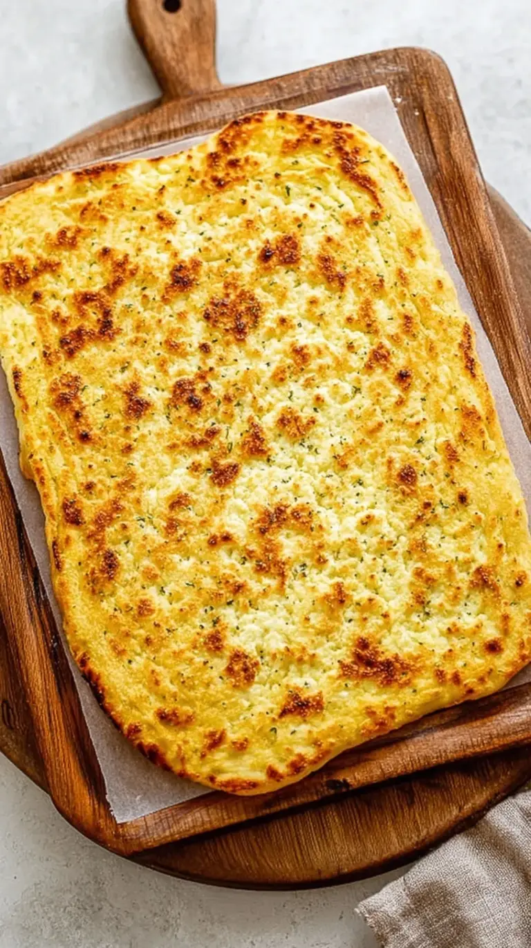 Golden brown cottage cheese flatbread rectangle on white parchment paper