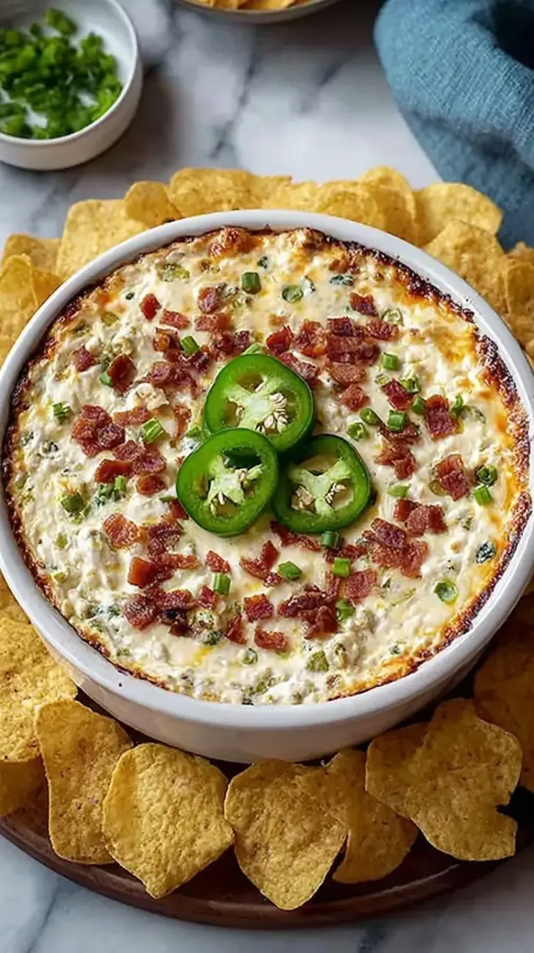 A bubbling, golden-brown jalapeño popper dip in a white baking dish with melted cheese and crispy panko topping.