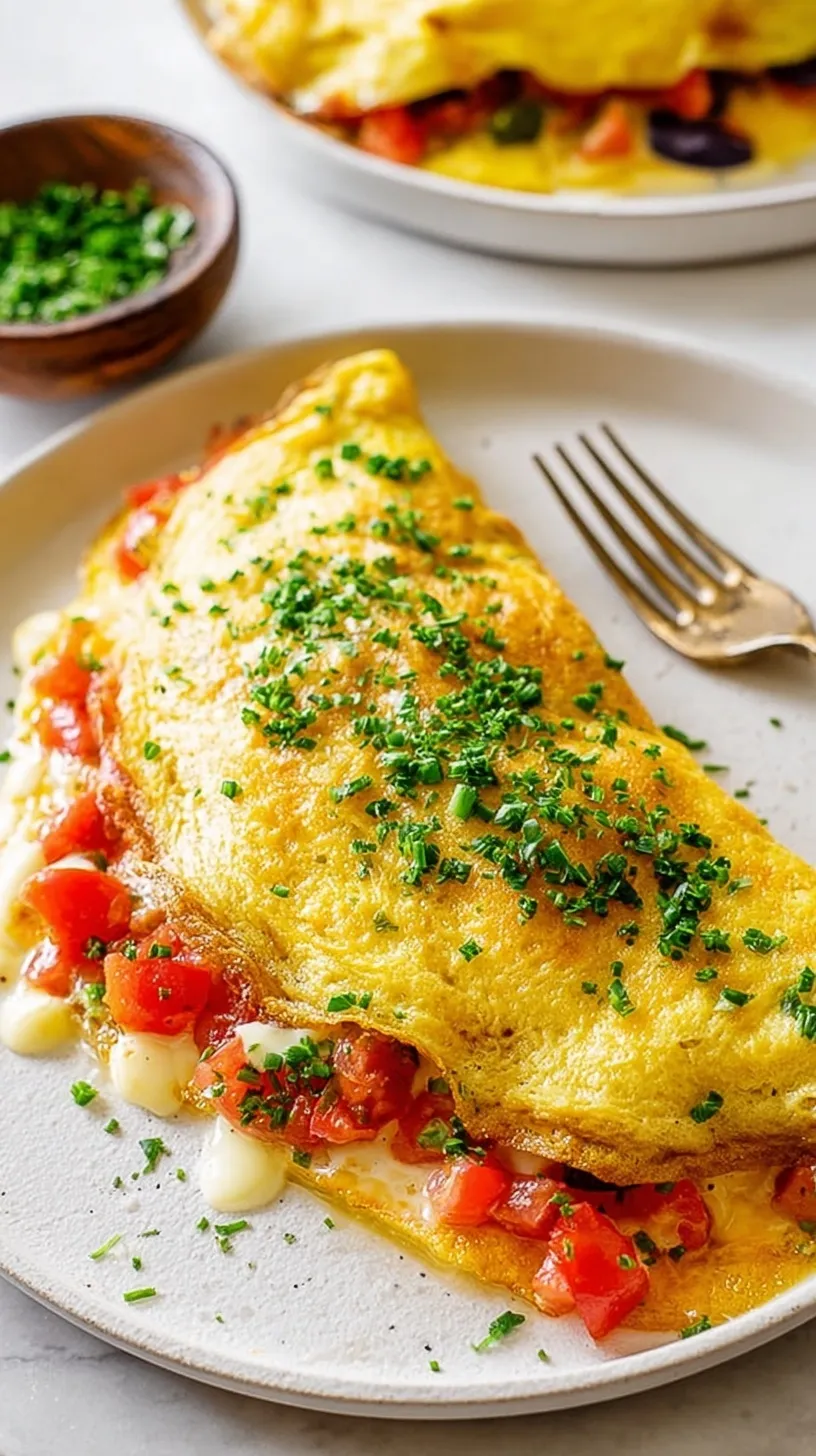 A fluffy golden cottage cheese omelette folded over creamy cheese and topped with fresh green chives on a white plate.