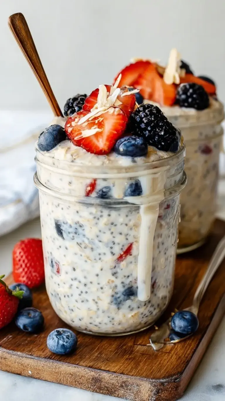 A glass jar filled with creamy cottage cheese overnight oats topped with fresh berries