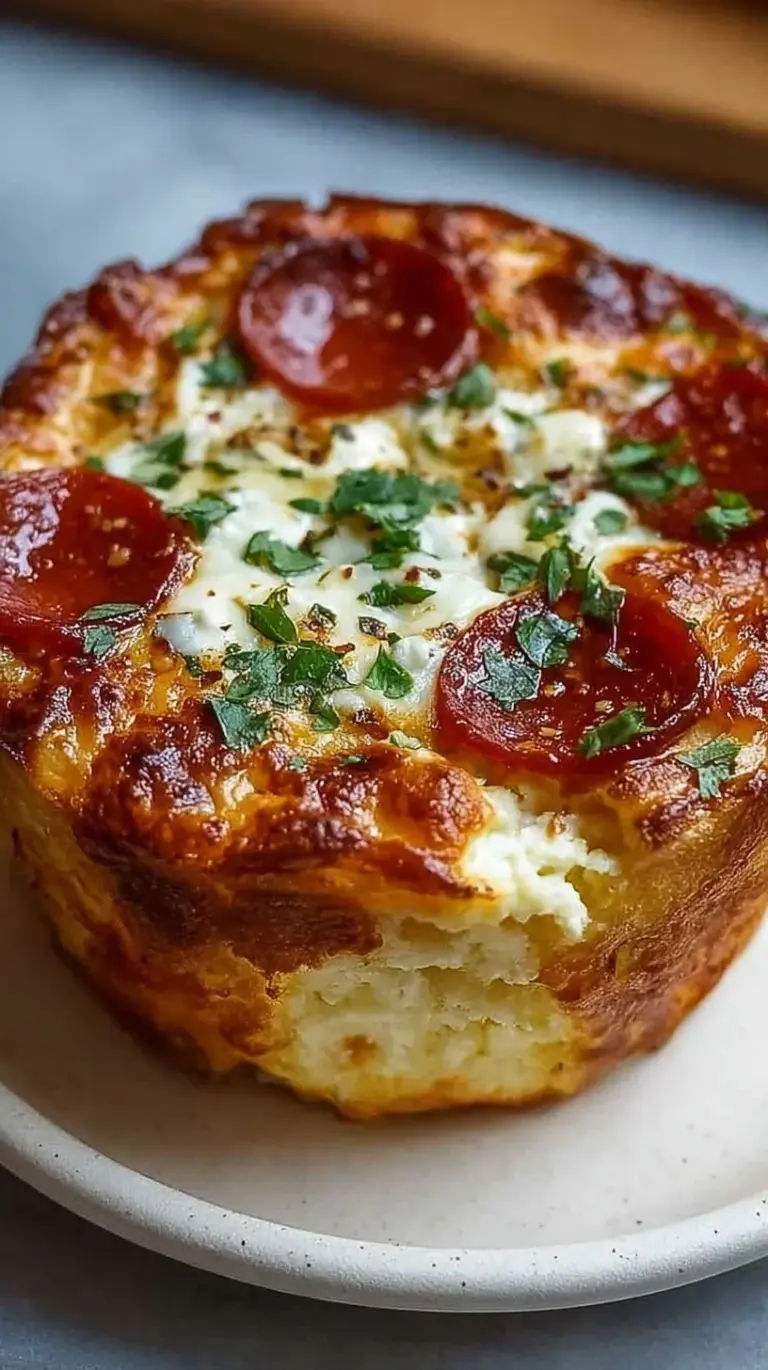 A warm bowl of melted mozzarella cheese, marinara sauce, and turkey pepperoni over a base of cottage cheese.
