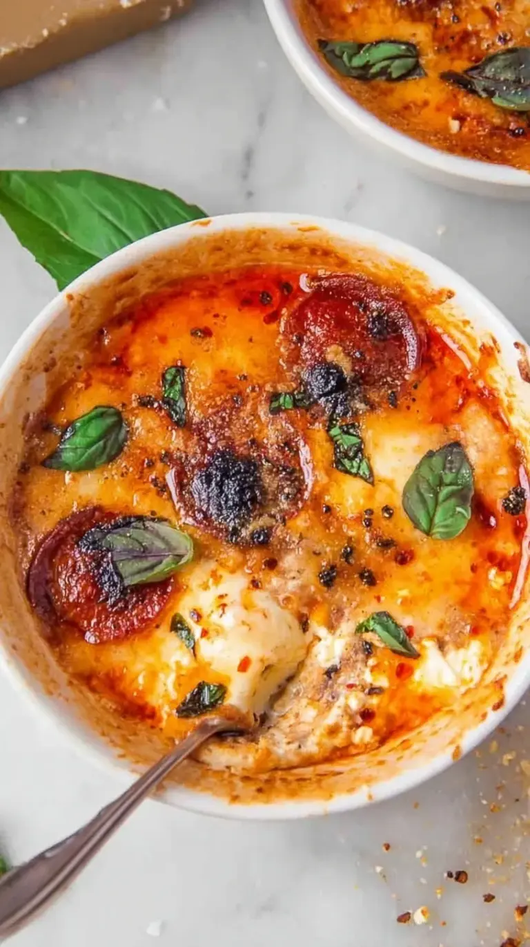A creamy cottage cheese pizza bowl topped with melted mozzarella and mini pepperoni slices