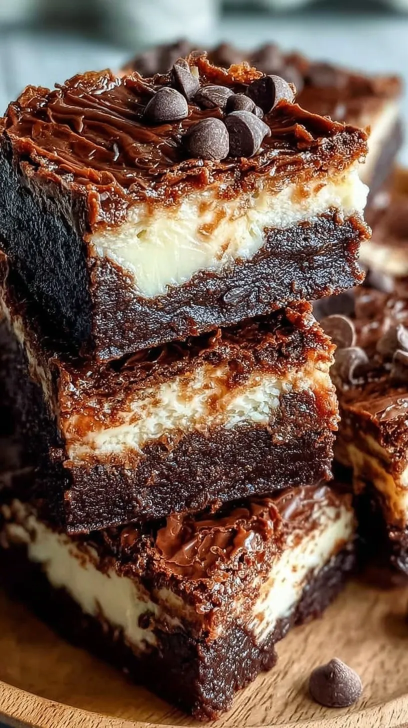 A stack of fudgy chocolate brownies topped with melted chocolate chips on a parchment-lined tray.