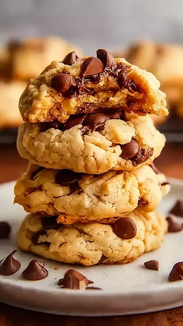 A stack of soft cottage cheese protein cookies with melted chocolate chips on parchment paper.