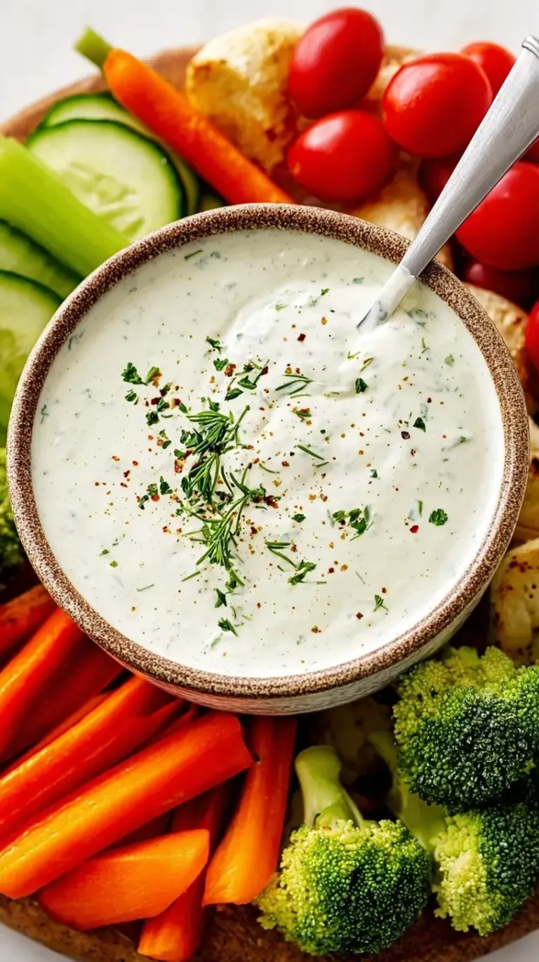 A bowl of smooth whipped cottage cheese ranch dip topped with fresh chives and served with colorful vegetable sticks.