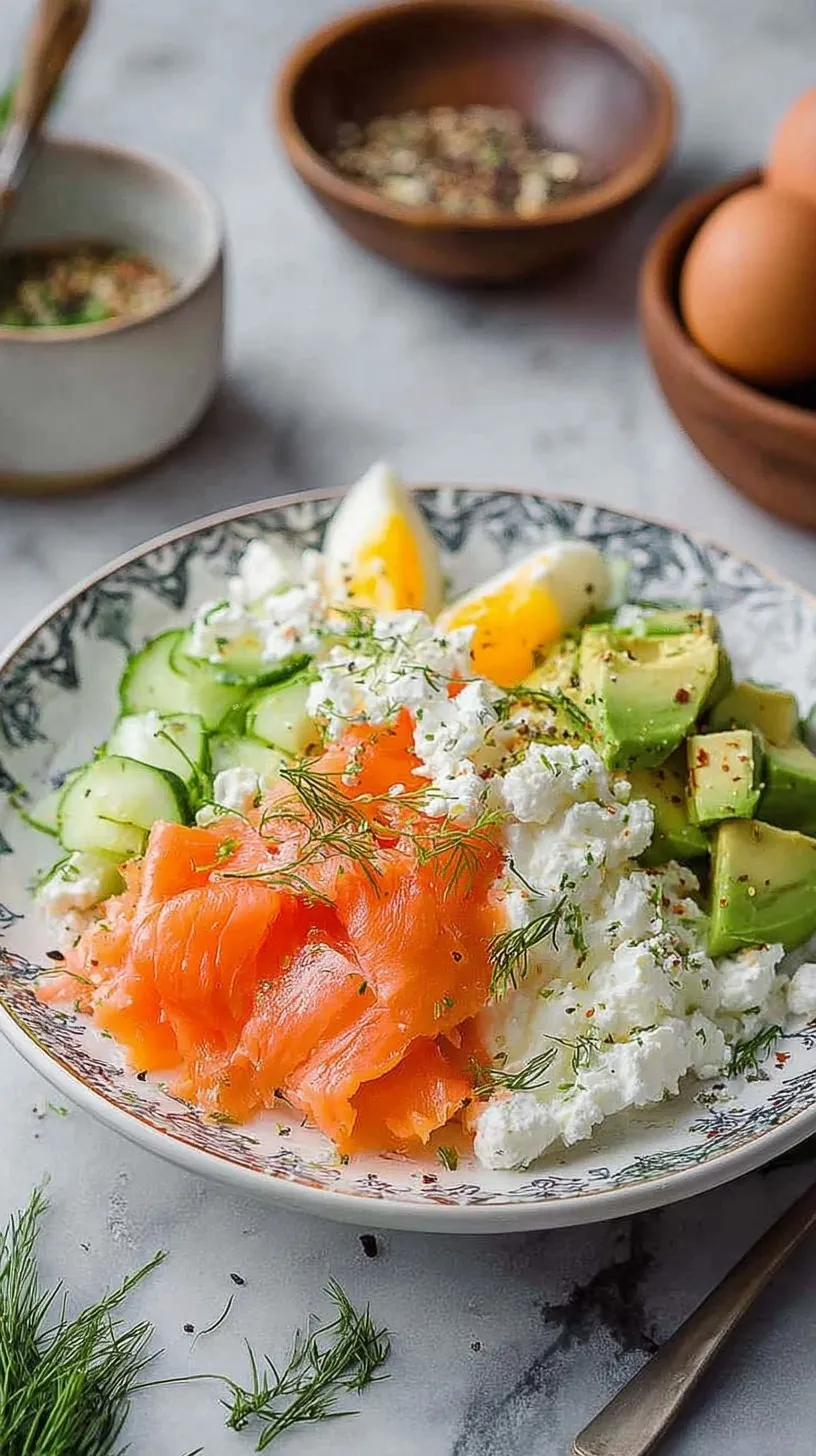 A bright bowl of creamy cottage cheese salad topped with smoked salmon ribbons, diced avocado, and fresh green herbs.