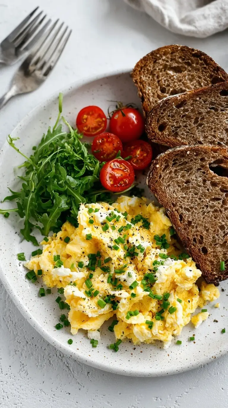 A plate of creamy, fluffy cottage cheese scrambled eggs topped with fresh chives.