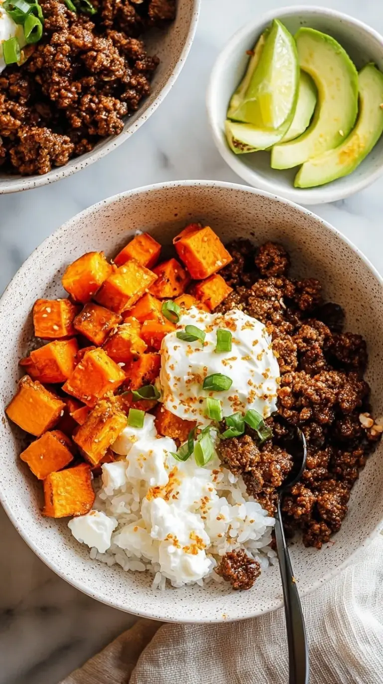 A colorful bowl featuring roasted sweet potatoes, seasoned ground beef, creamy cottage cheese, avocado, and hot honey drizzle.