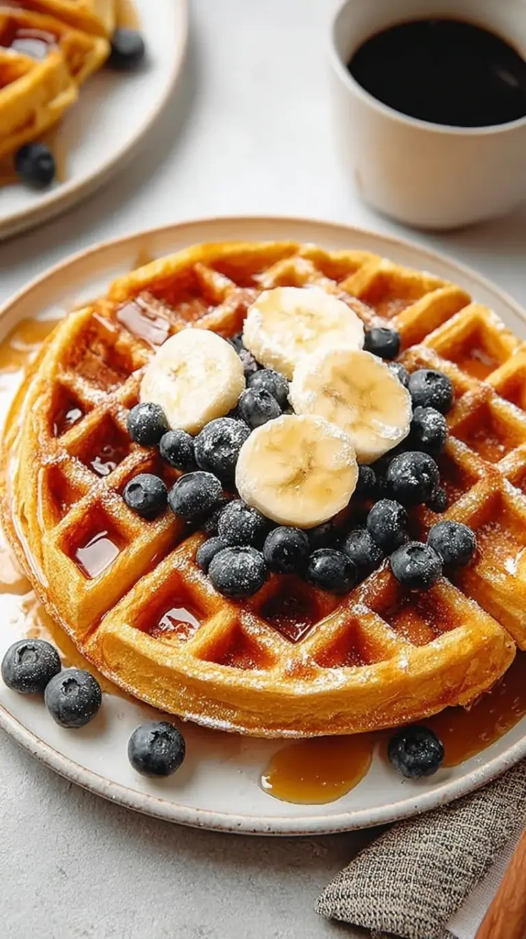 Golden brown crispy cottage cheese waffles topped with fresh berries and maple syrup