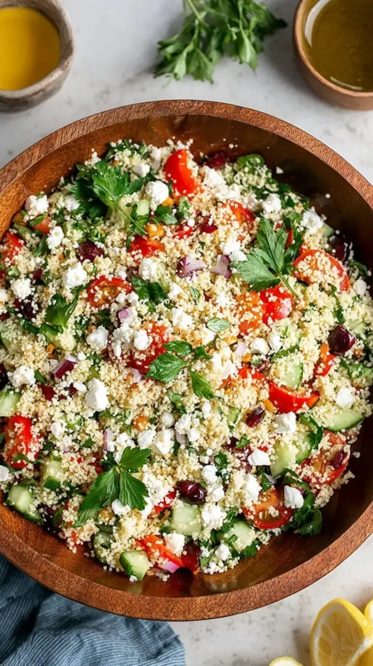 A vibrant bowl of Mediterranean Couscous Salad with cherry tomatoes, cucumber, and feta cheese
