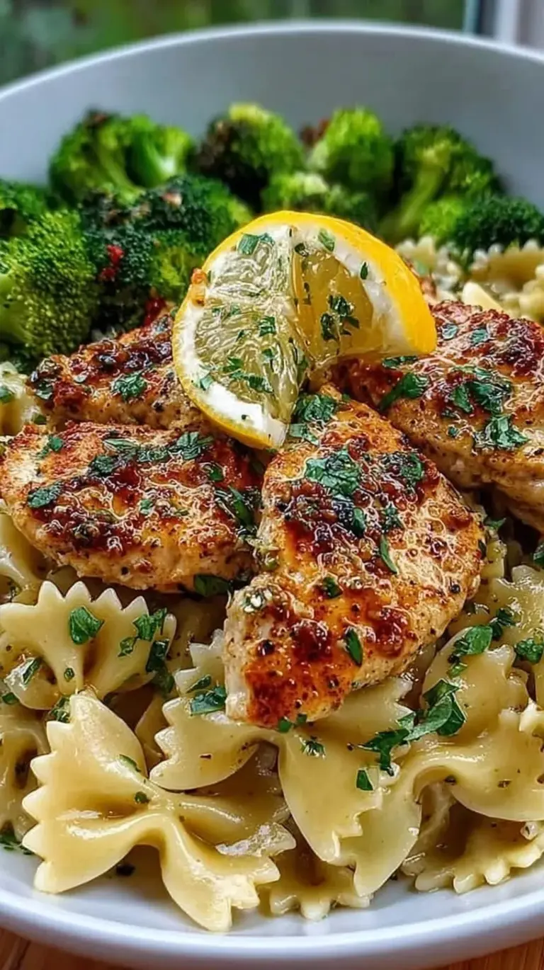A bowl of bowtie pasta with seared chicken and broccoli in a golden herb butter sauce.