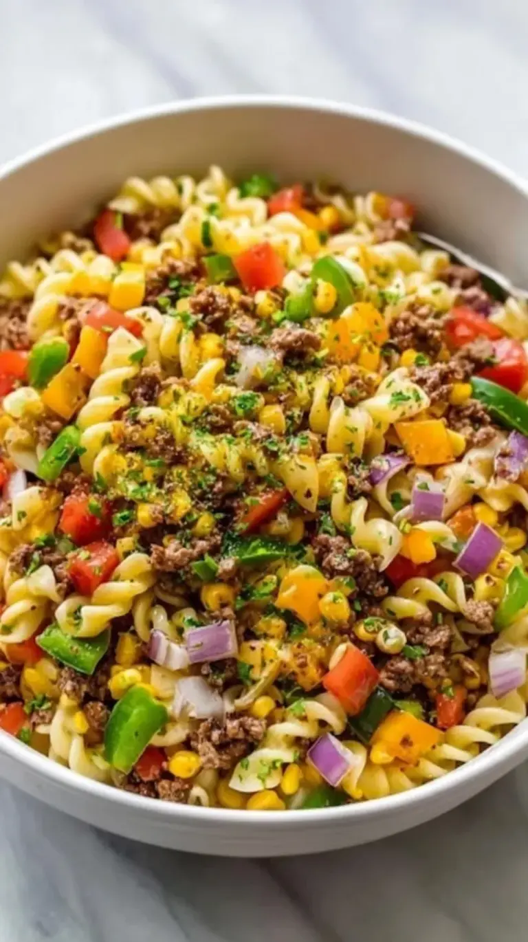 A large bowl of Cowboy Pasta Salad with rotini, ground beef, corn, and black beans in a creamy dressing.