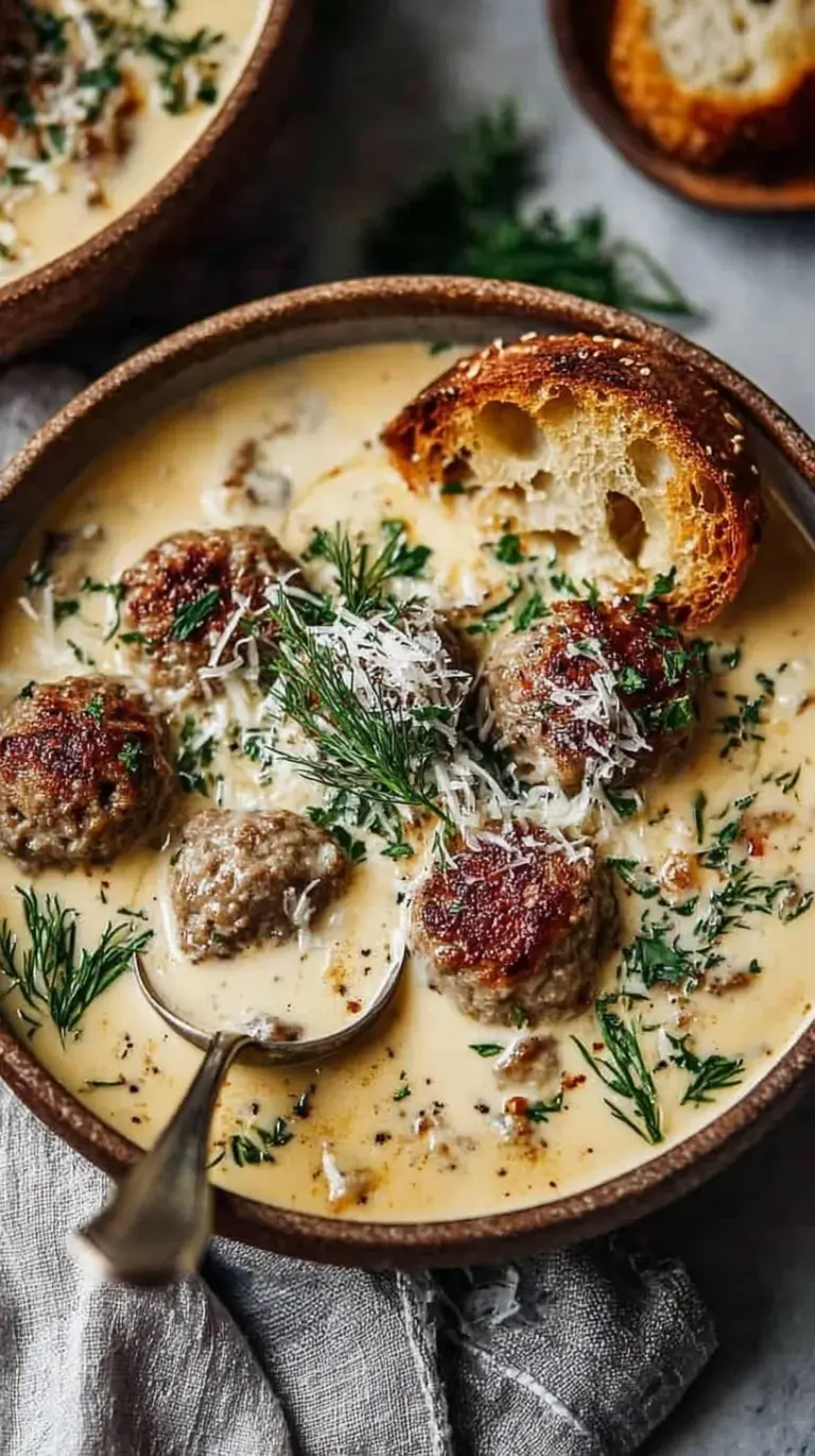 A bowl of creamy Swedish meatball soup with egg noodles and fresh parsley garnish