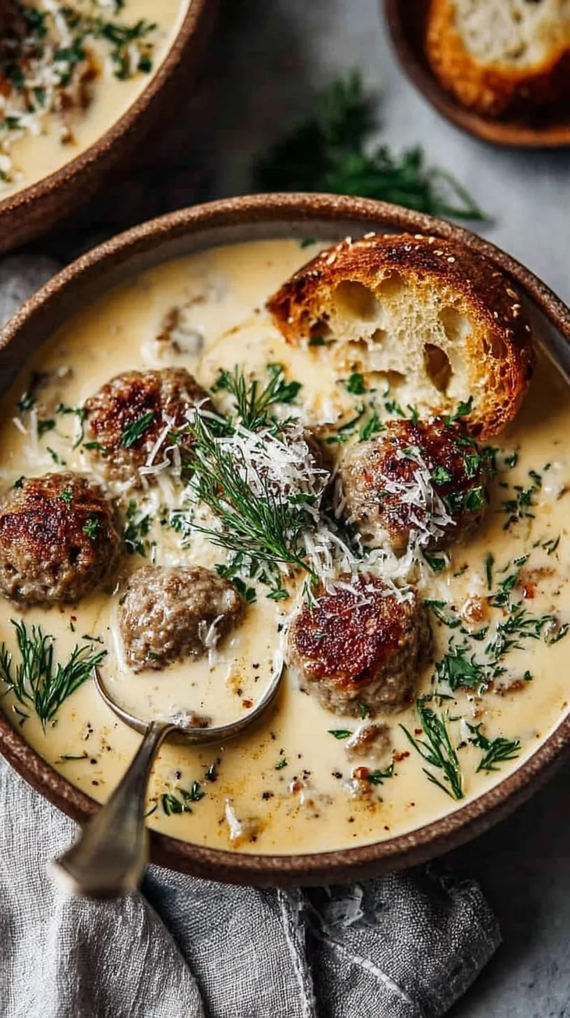 A bowl of creamy Swedish meatball soup with egg noodles and fresh parsley garnish
