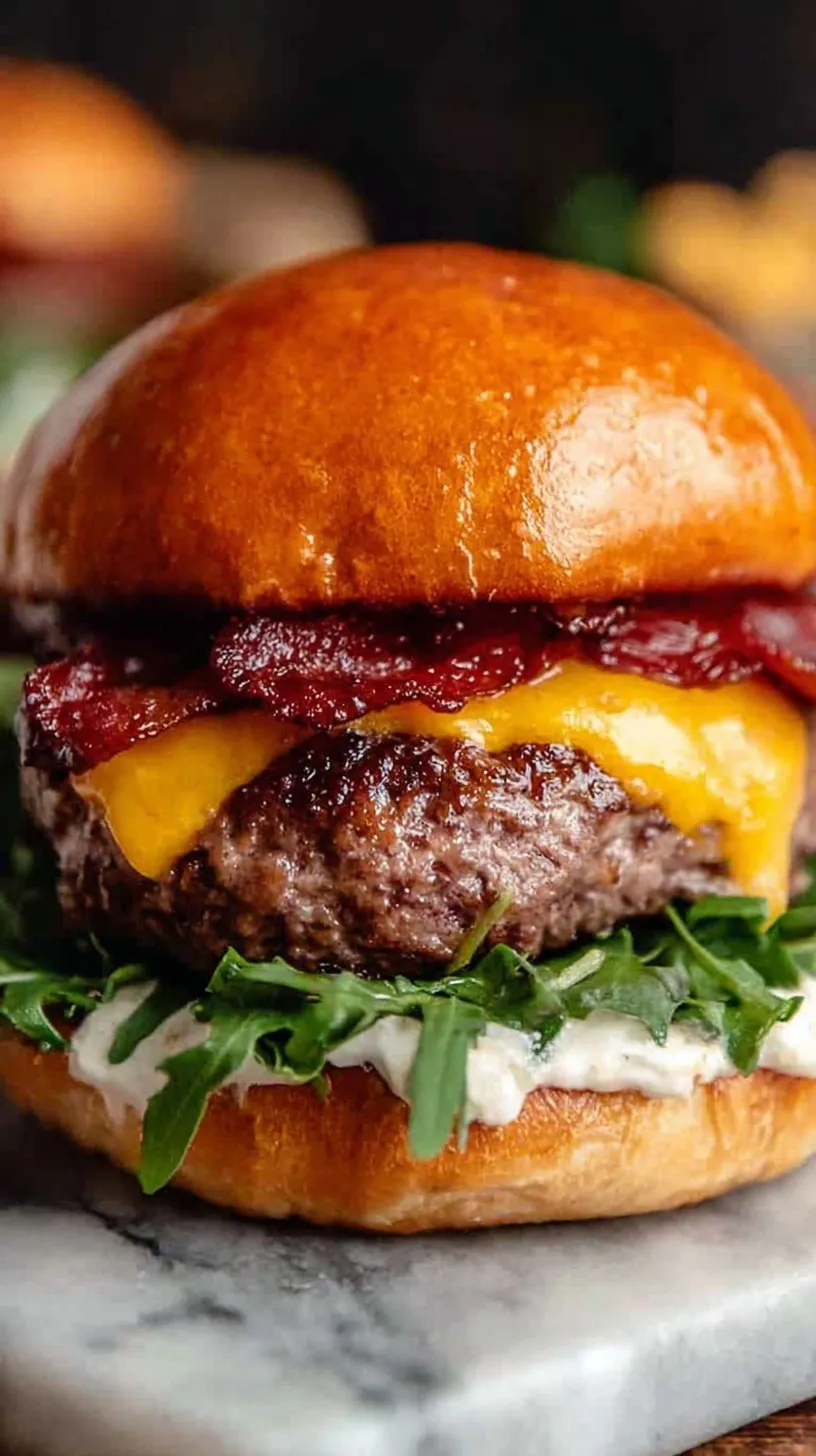 Juicy crack burgers on toasted brioche buns with melted cheddar and bacon