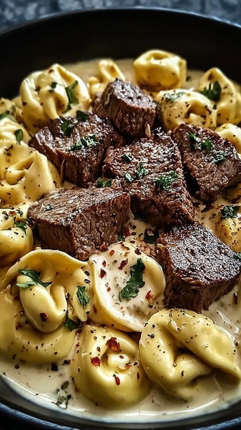 Seared steak cubes and cheese tortellini tossed in a creamy garlic parmesan sauce with fresh parsley