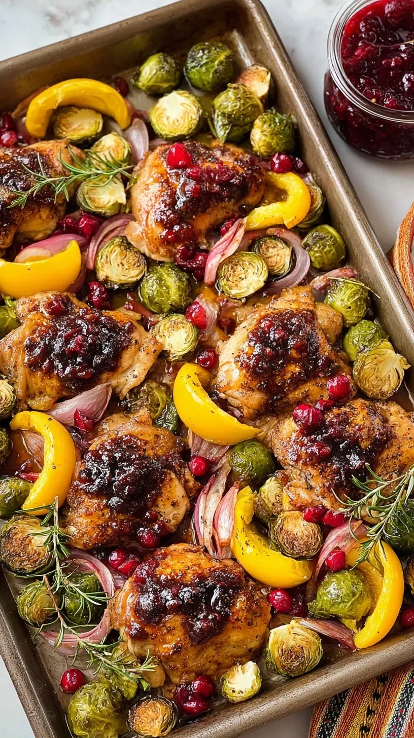 Roasted Cranberry Balsamic Chicken with Brussels sprouts and carrots on a sheet pan