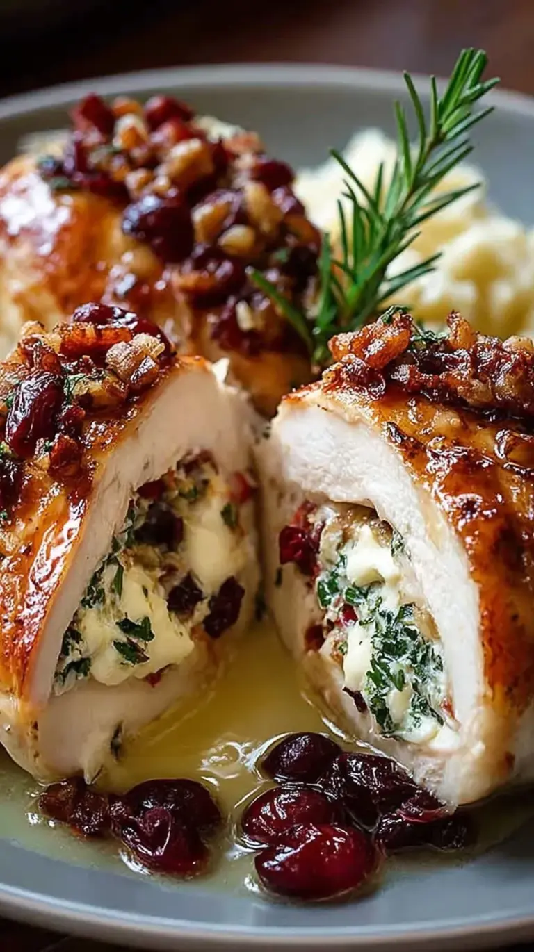 Golden brown pan-seared chicken breasts stuffed with melted brie cheese and red cranberry sauce in a skillet.