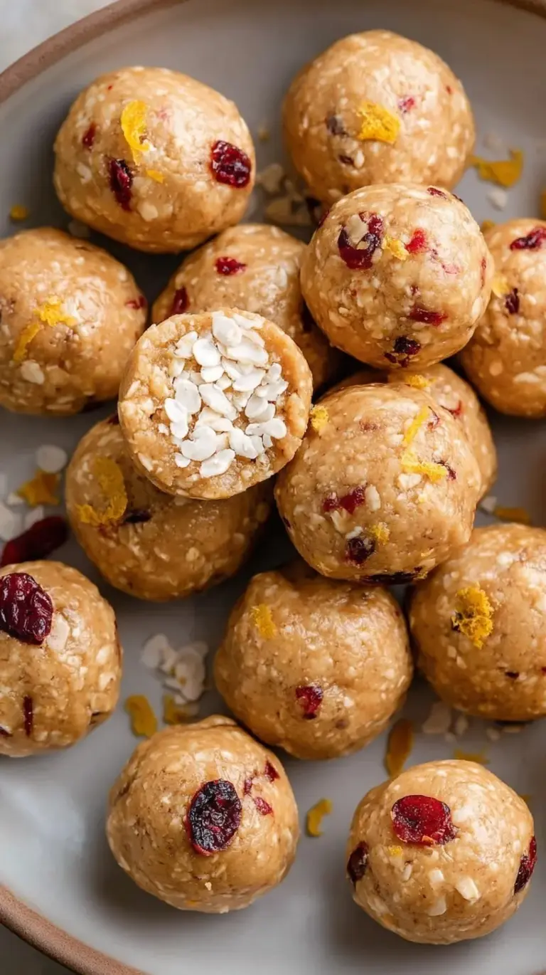 Close up of several Cranberry Orange Protein Balls stacked on a white plate with orange zest on top.