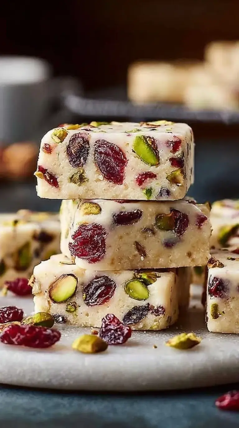 Sliced cranberry pistachio shortbread cookies on a parchment-lined baking sheet