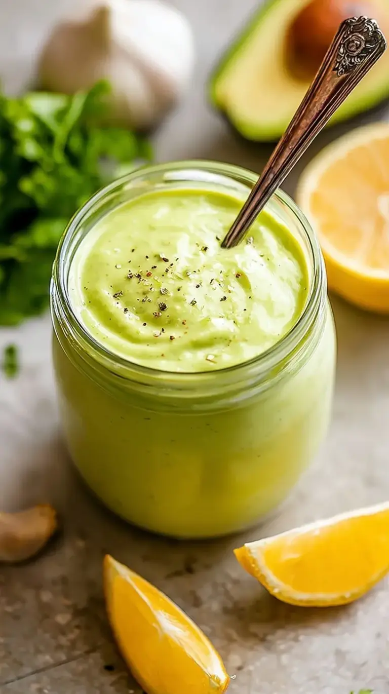 A vibrant green, smooth and creamy avocado dressing being drizzled over a fresh garden salad
