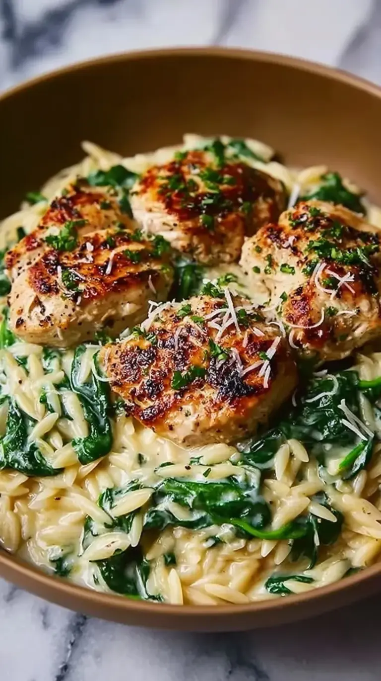 A skillet filled with creamy orzo pasta, pan-seared chicken pieces, and wilted spinach in a garlic herb cheese sauce.