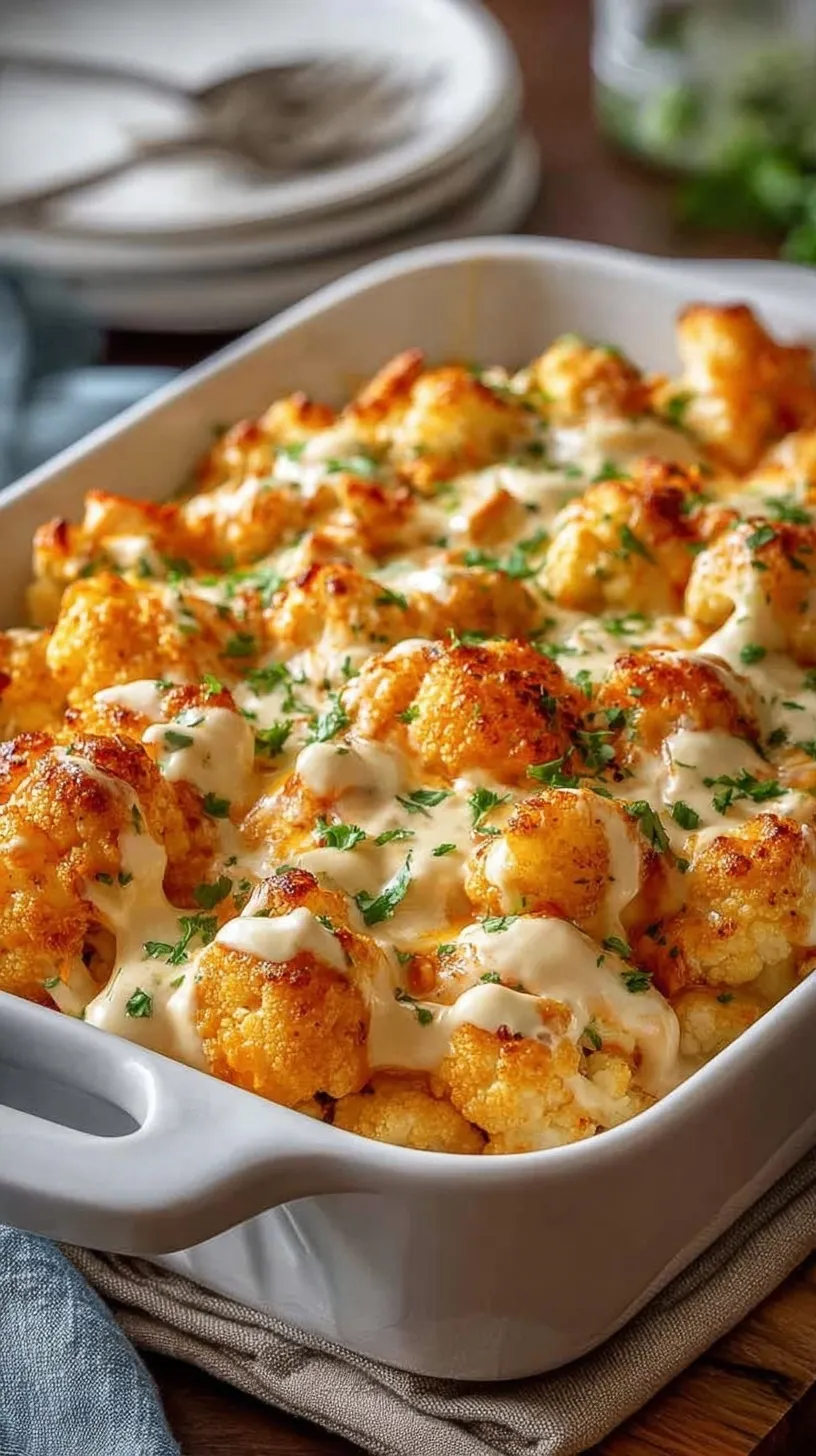 A bubbling dish of Buffalo Chicken Cauliflower Casserole topped with melted cheddar and blue cheese crumbles.