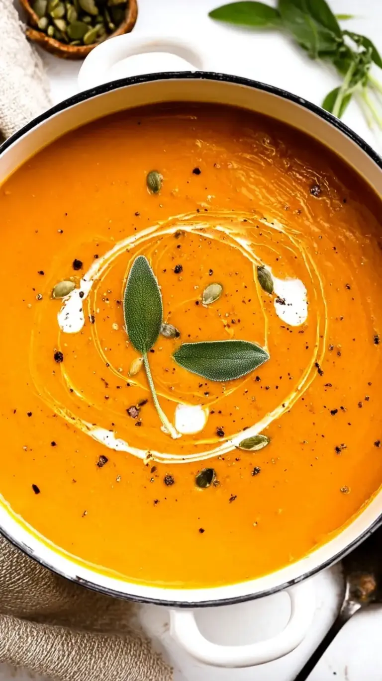 A bowl of velvety creamy butternut squash soup garnished with fresh sage