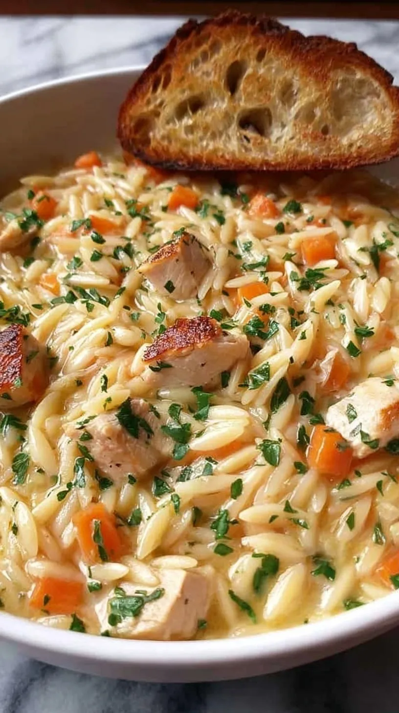 A skillet filled with creamy chicken pot pie orzo with peas and carrots.