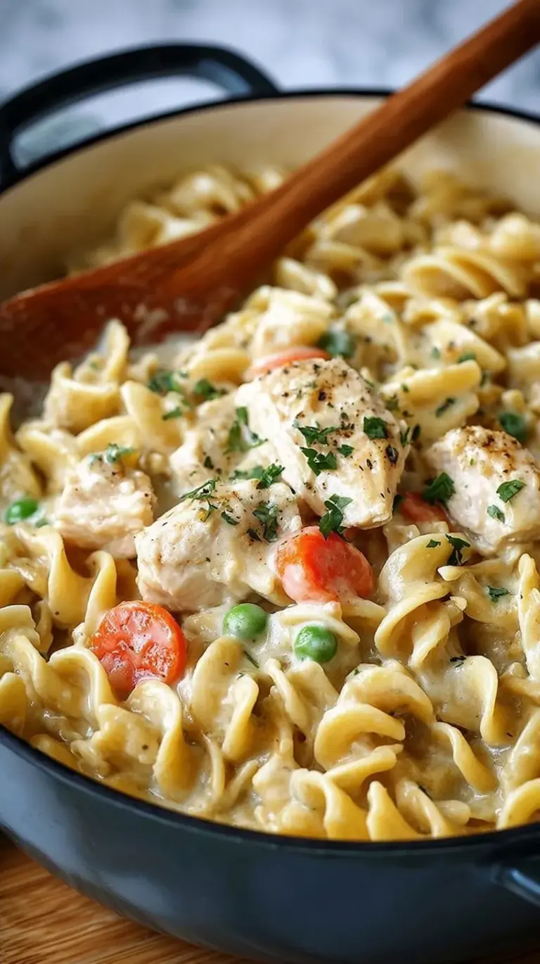 A skillet filled with creamy chicken pot pie pasta, peas, and carrots, garnished with fresh parsley.