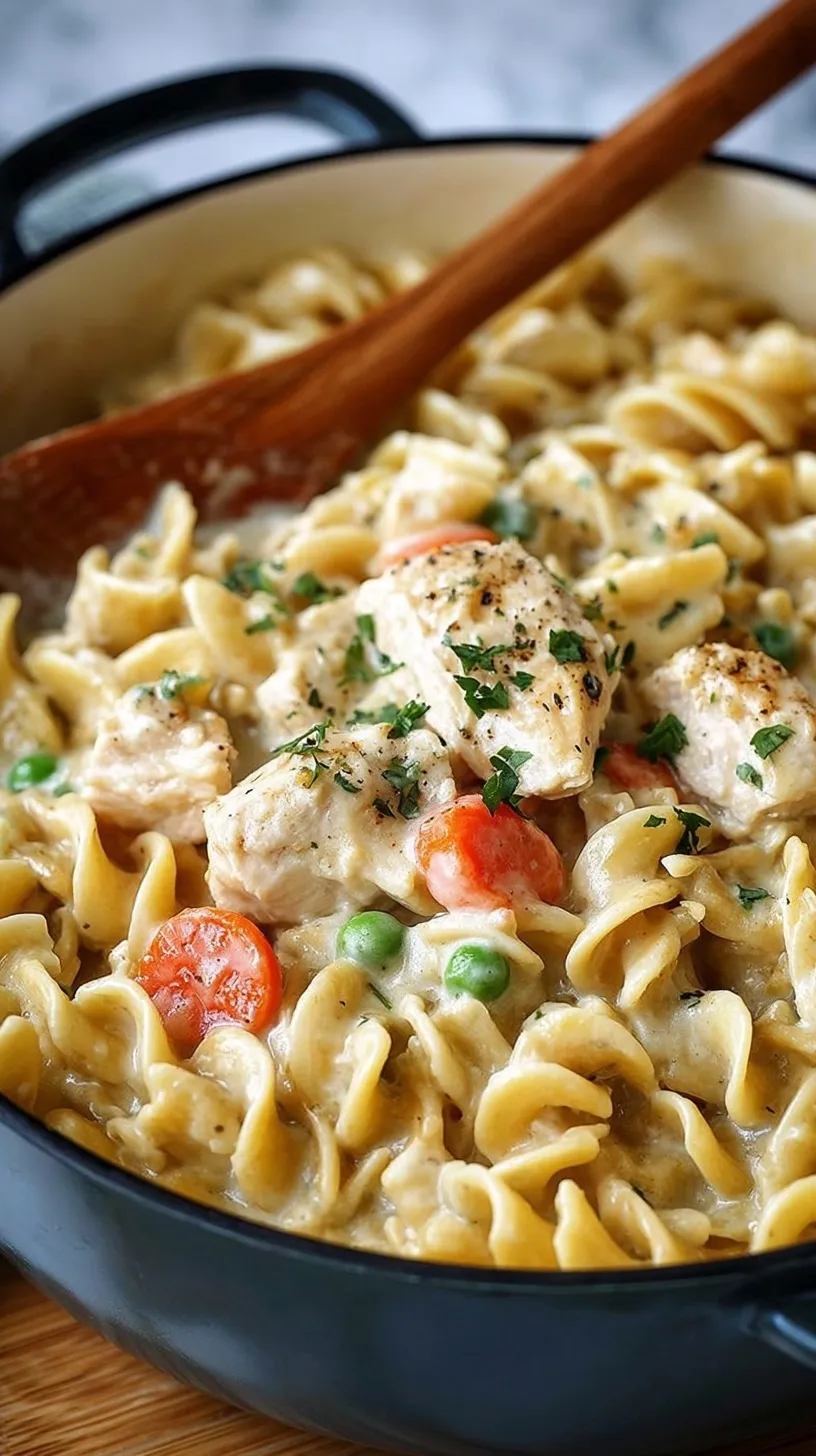 A skillet filled with creamy chicken pot pie pasta, peas, and carrots, garnished with fresh parsley.