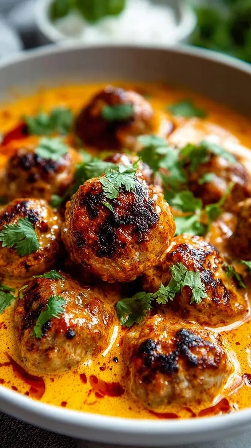A skillet of golden brown meatballs simmering in a vibrant red coconut curry sauce topped with fresh cilantro.