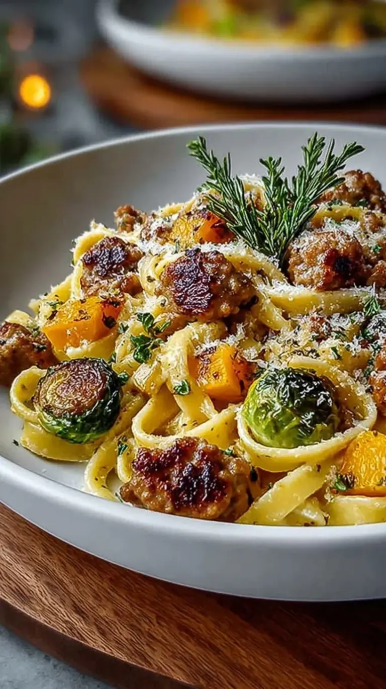 A bowl of creamy rigatoni pasta with browned sausage, cubes of butternut squash, and fresh sage leaves.