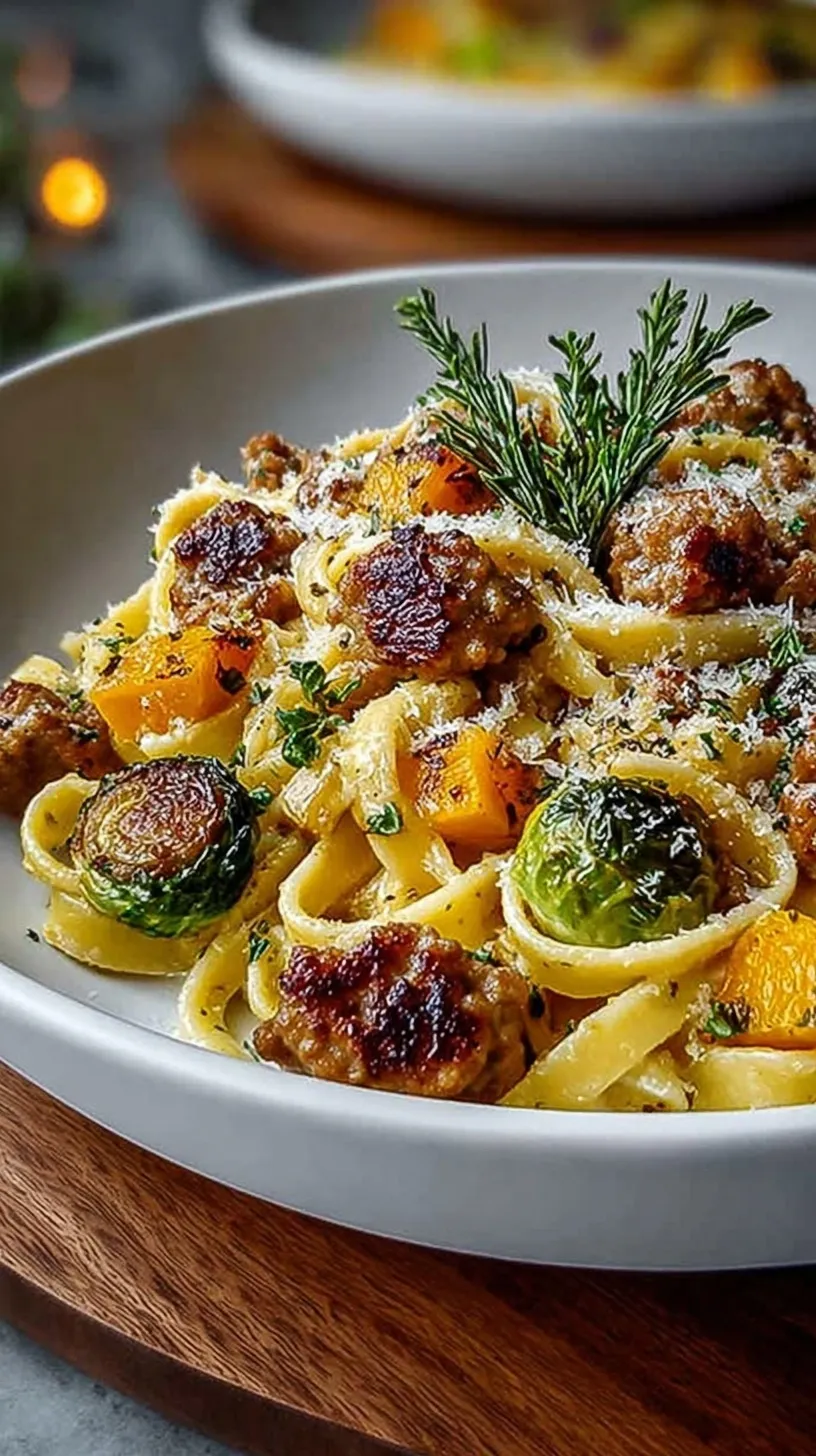 A bowl of creamy rigatoni pasta with browned sausage, cubes of butternut squash, and fresh sage leaves.