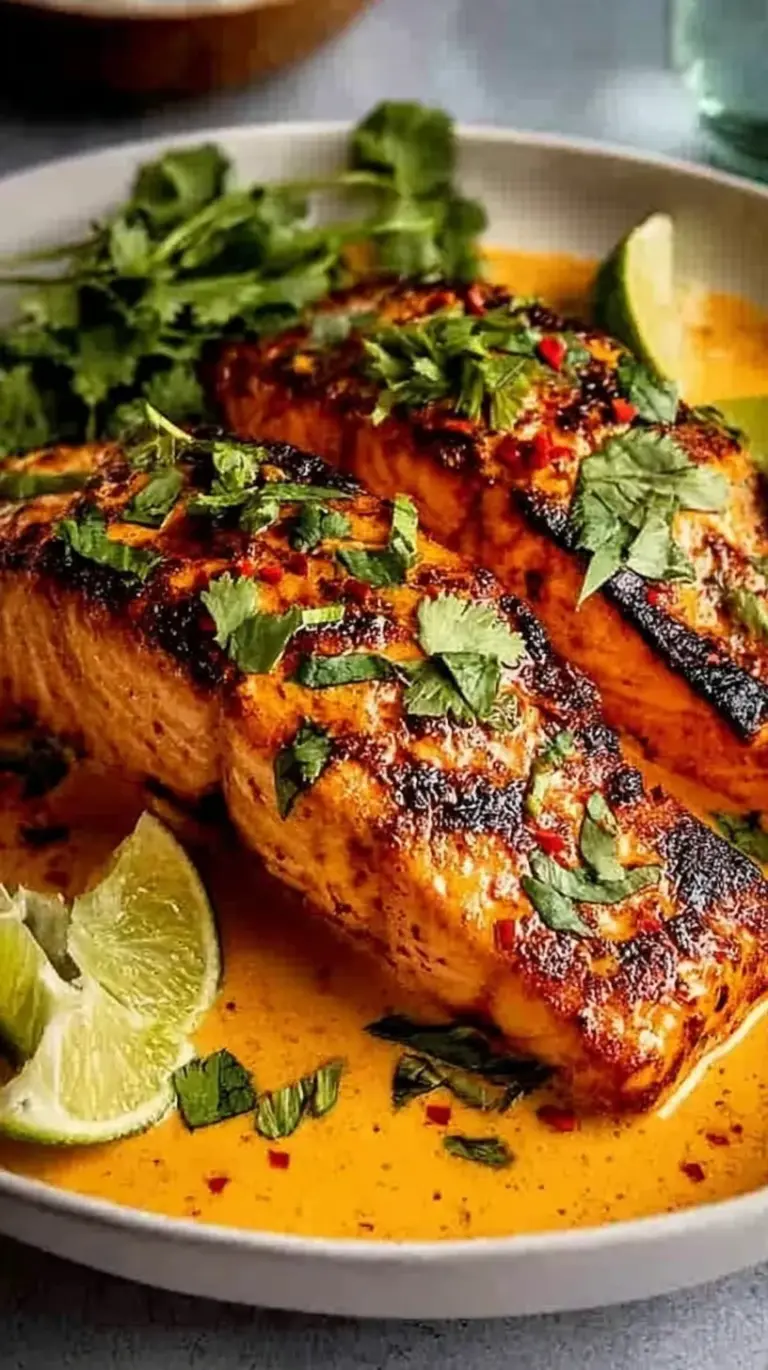 Pan-seared salmon fillets in a vibrant red harissa cream sauce with fresh green spinach.