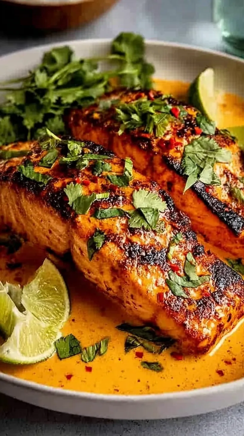 Pan-seared salmon fillets in a vibrant red harissa cream sauce with fresh green spinach.