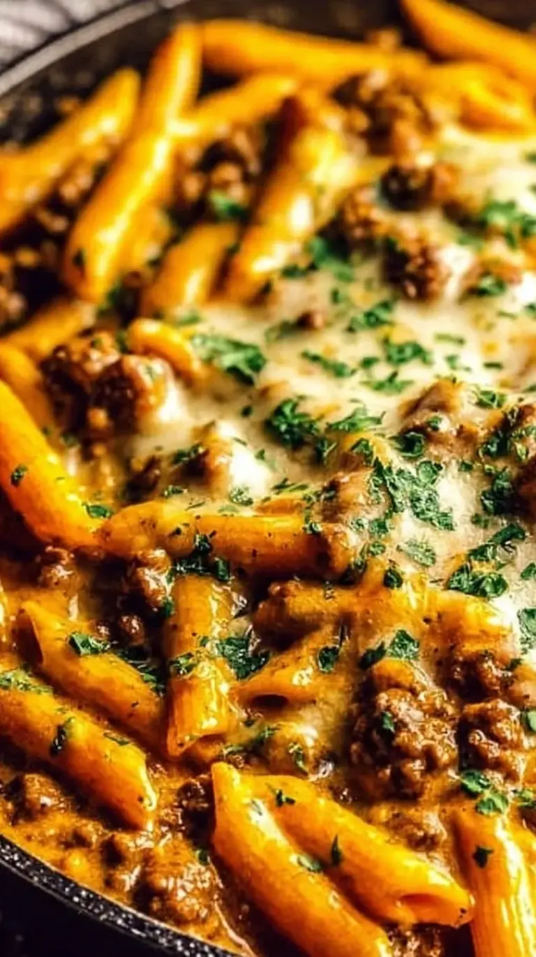 A bowl of creamy high protein beef pasta garnished with fresh parsley