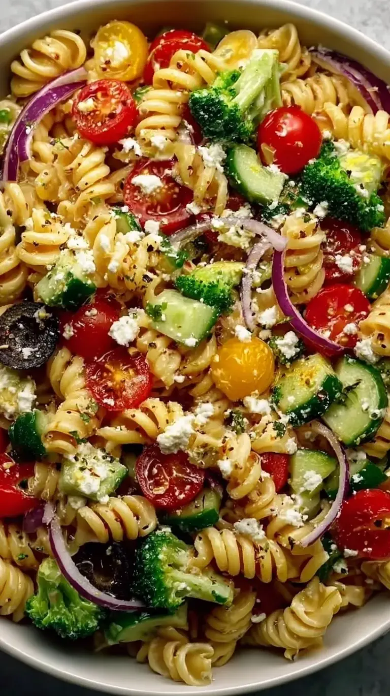 A bowl of creamy high protein pasta salad with chicken, red peppers, and cucumbers