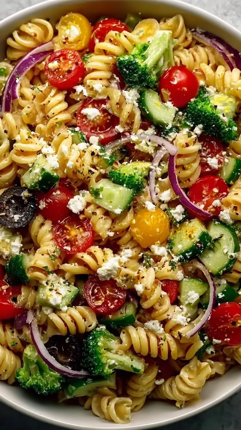 A bowl of creamy high protein pasta salad with chicken, red peppers, and cucumbers
