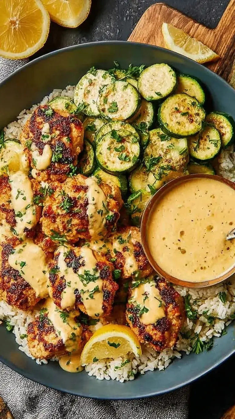 Pan-seared chicken cutlets in a creamy lemon sauce served with golden panko-crusted zucchini rounds.
