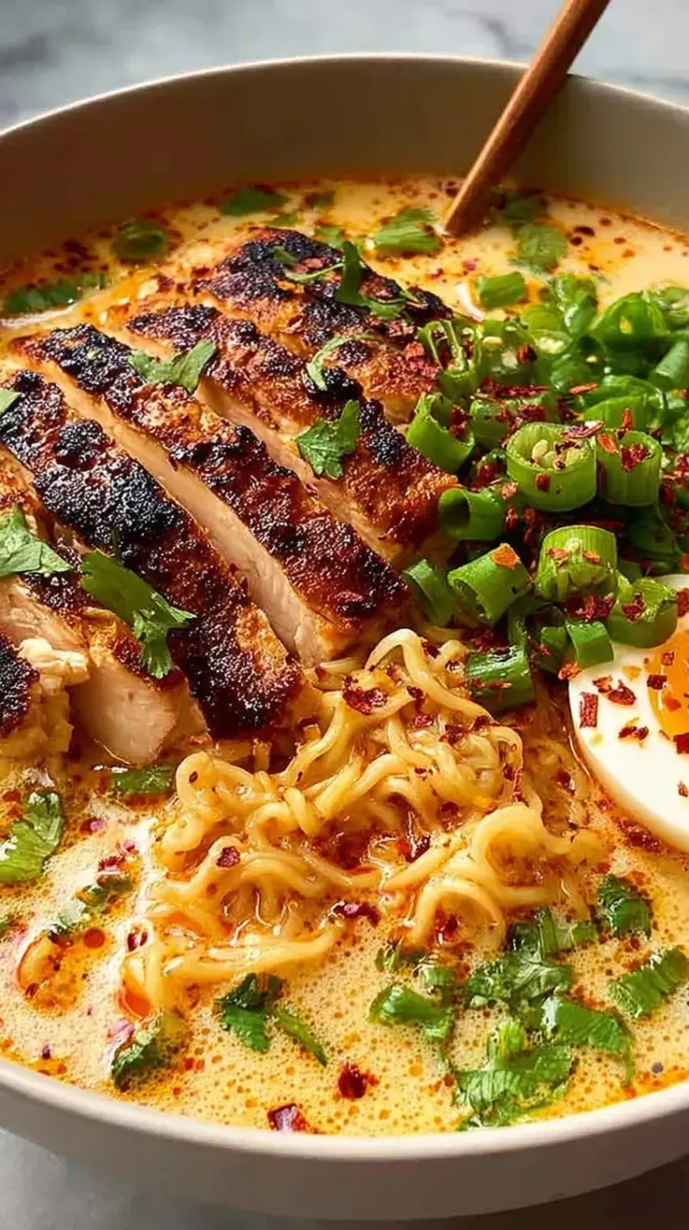 A bowl of creamy ramen topped with sliced seared chicken, sundried tomatoes, and fresh spinach.