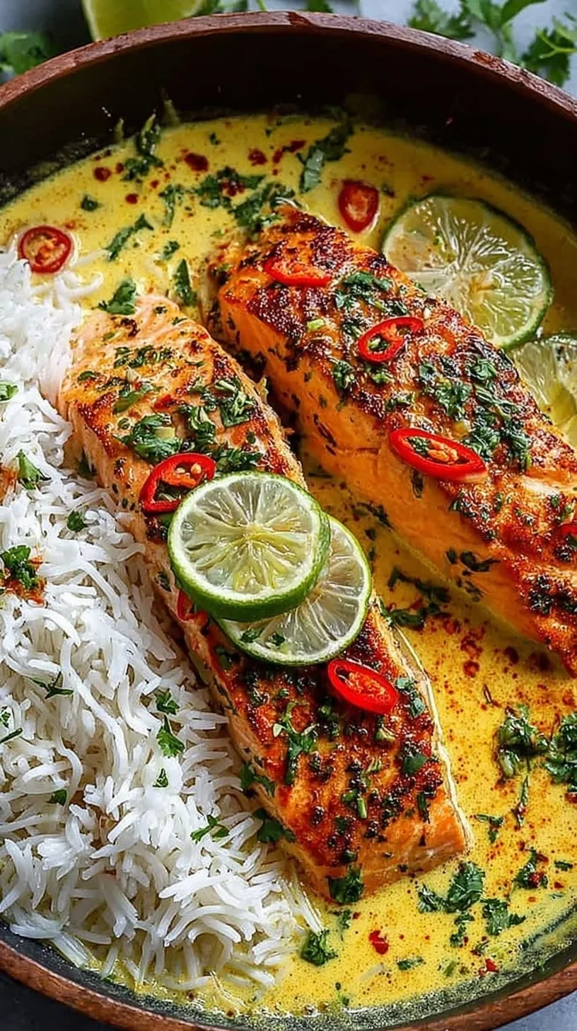 A skillet of pan-seared salmon in a creamy red coconut curry sauce with fresh baby spinach and cilantro garnish.