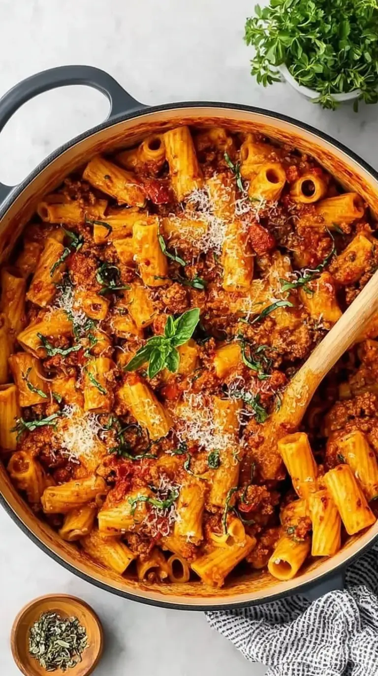 A large pot of creamy ground turkey pasta with zucchini and spinach