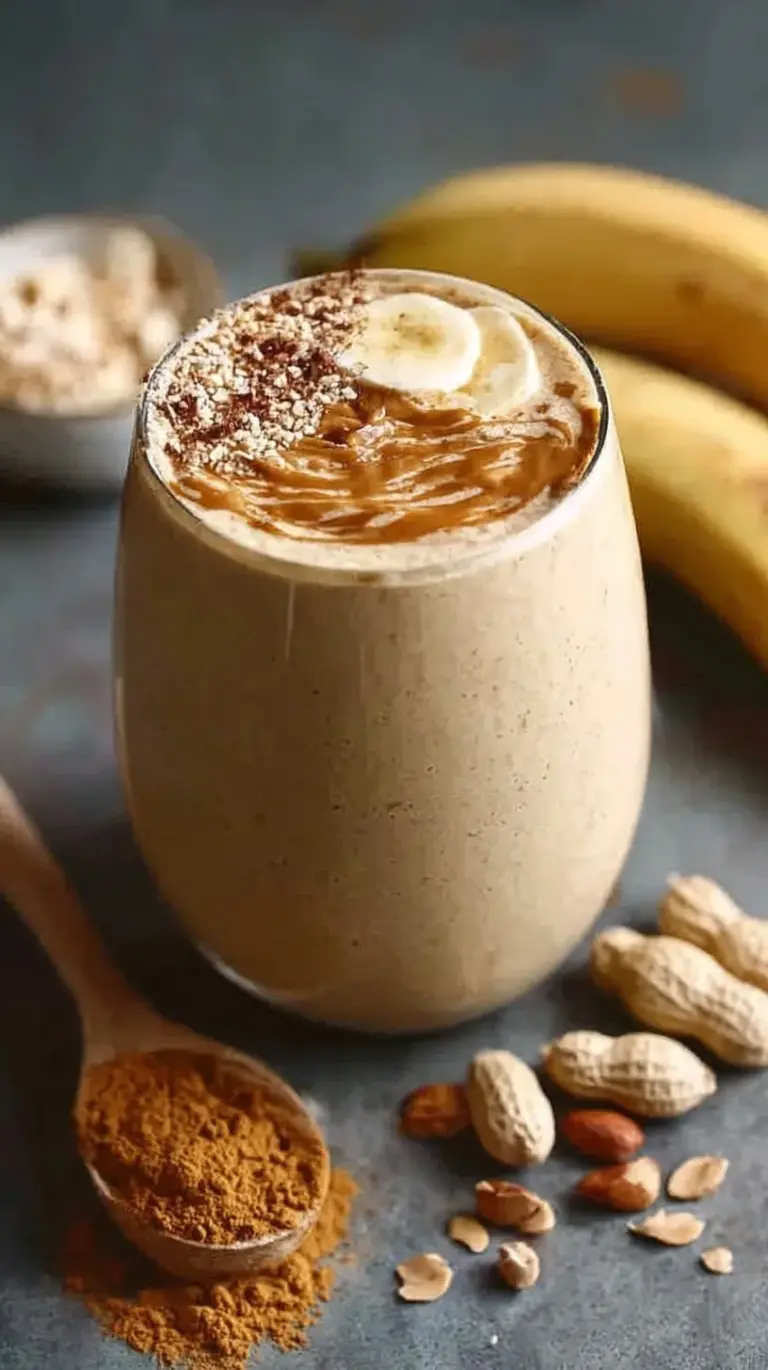 A frosty glass of creamy peanut butter powder smoothie with a straw