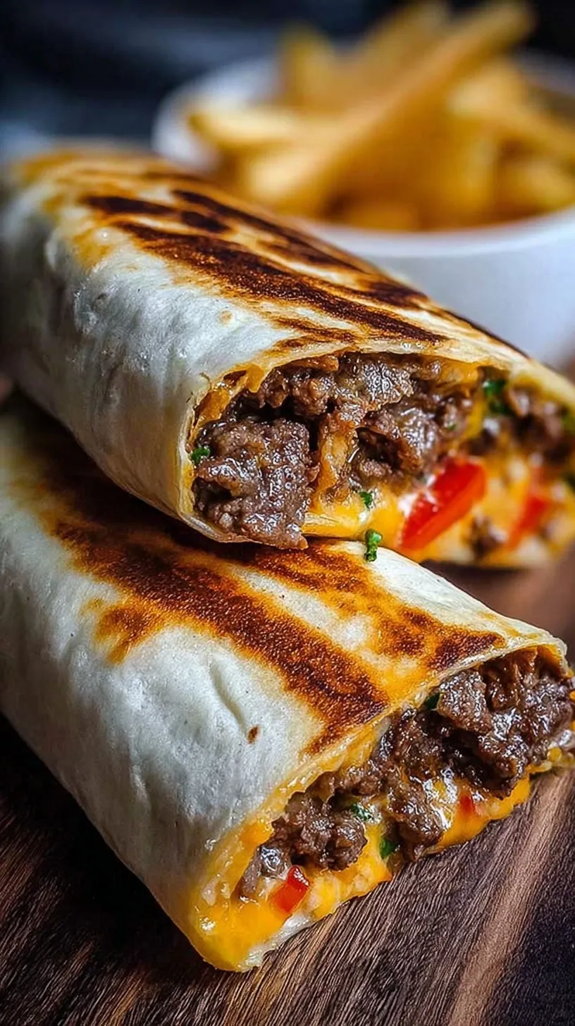 A toasted Creamy Philly Cheesesteak Wrap sliced in half showing melted cheese and steak.