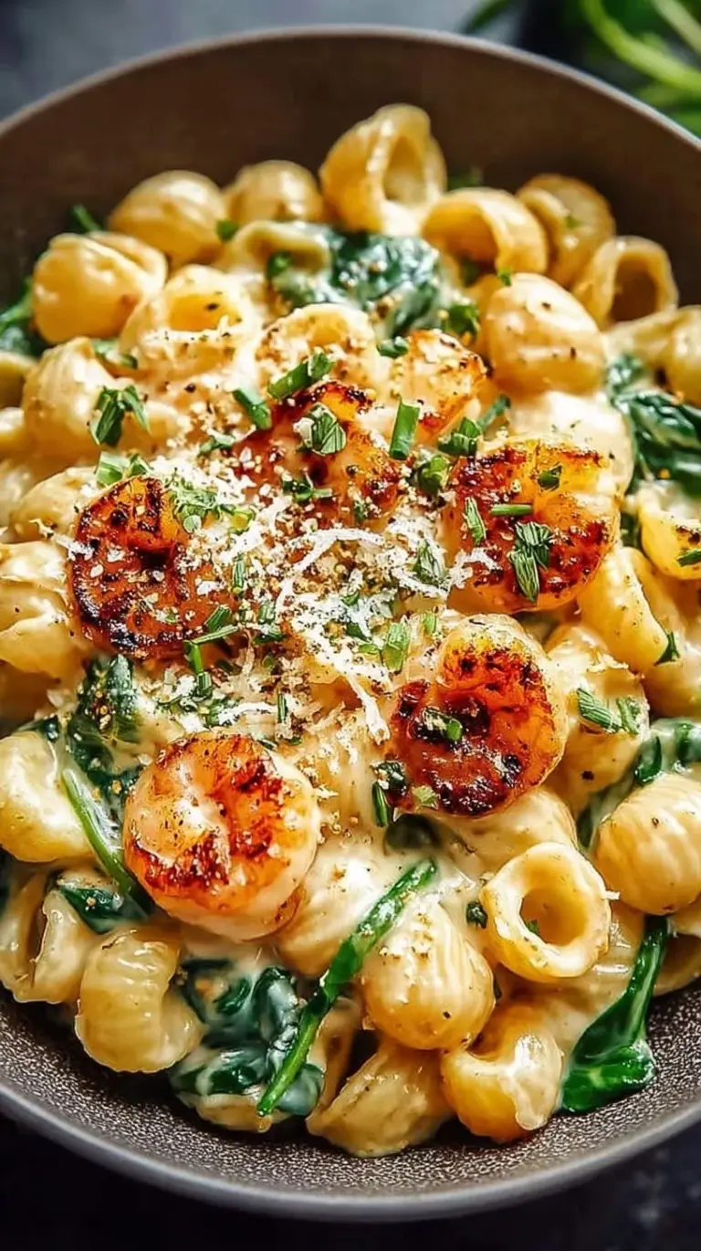 A bowl of chickpea penne pasta with seared chicken and creamy spinach sauce