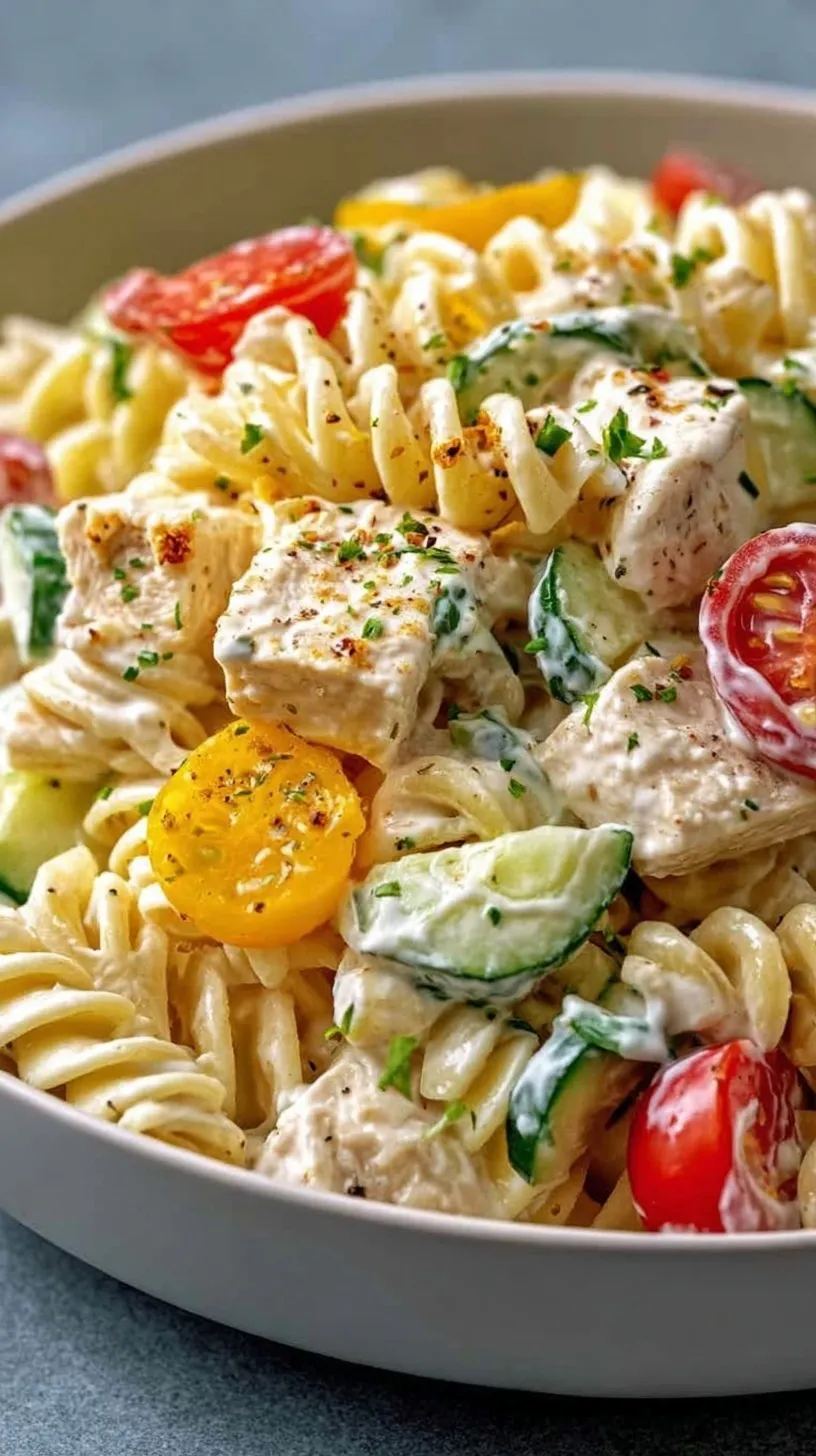 A large bowl of creamy ranch protein pasta salad with chicken, tomatoes, and cucumbers