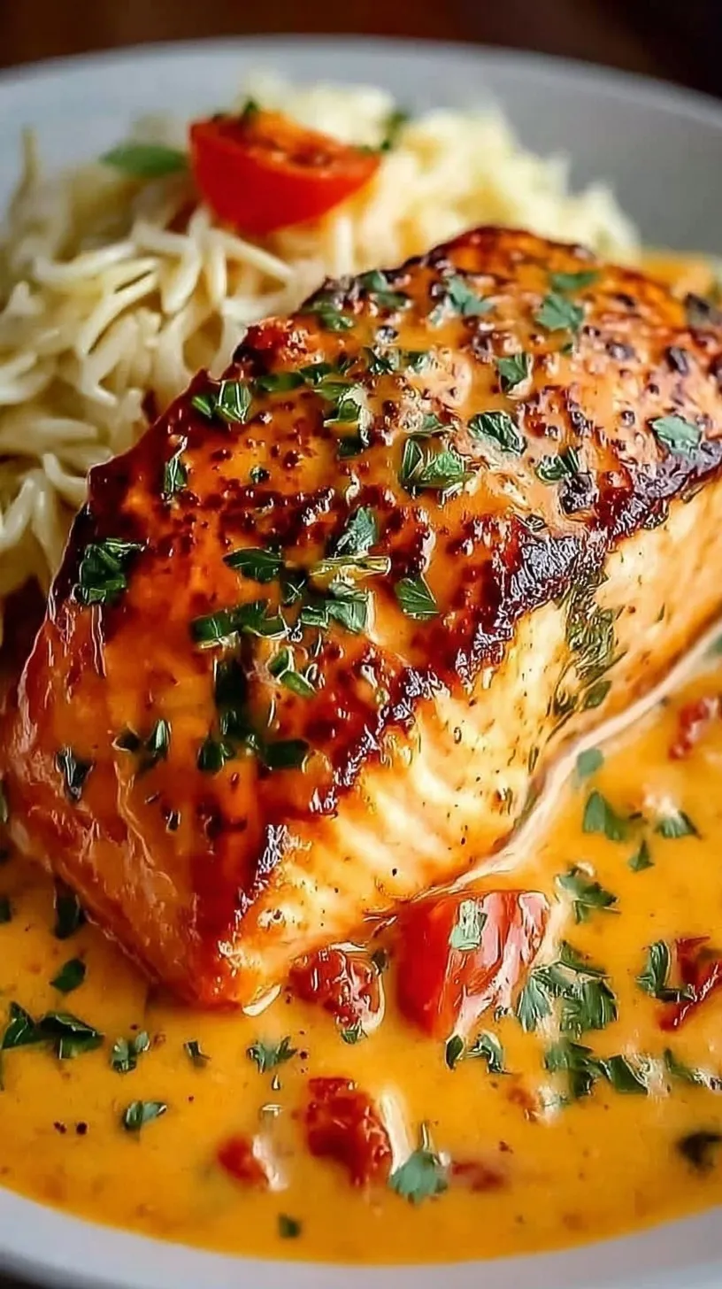 Pan-seared salmon fillets in a vibrant orange roasted red pepper cream sauce with spinach and fresh basil.