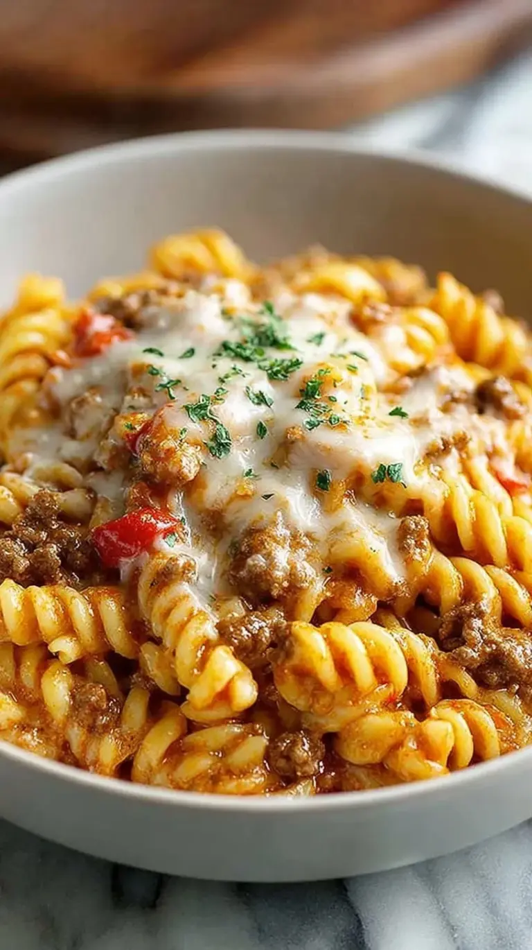 A skillet filled with creamy rotini pasta, ground beef, and melted cheddar cheese topped with diced tomatoes.