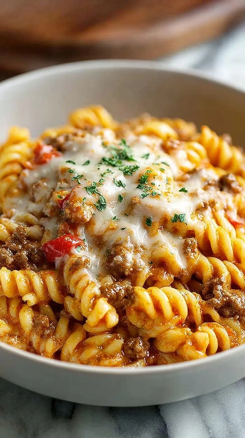 A skillet filled with creamy rotini pasta, ground beef, and melted cheddar cheese topped with diced tomatoes.